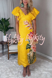 Plant Print V-neck Open Back Holiday Style Slit Midi Dress
