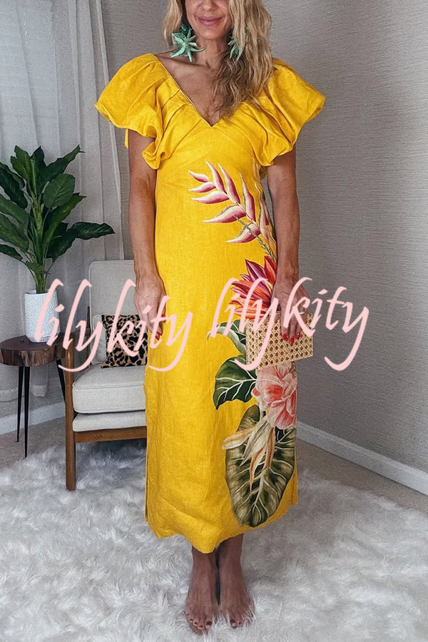 Plant Print V-neck Open Back Holiday Style Slit Midi Dress