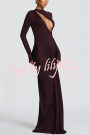 Sexy Cutout Fitted Long-sleeved Pleated Satin Ribbon Maxi Dresses