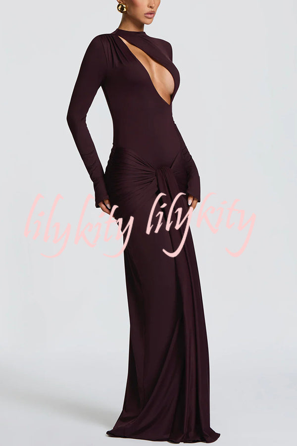 Sexy Cutout Fitted Long-sleeved Pleated Satin Ribbon Maxi Dresses