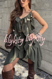 Beauty of Flow Ruffles Tie-up Slit Midi Top and Elastic Waist Shorts Set