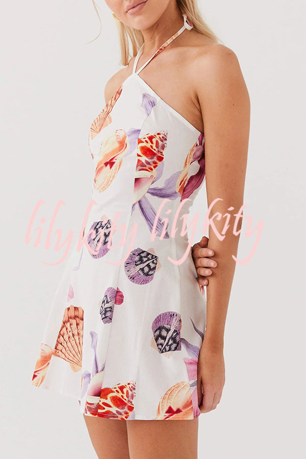 Seaside Bouquet Linen Blend Shells Unique Print Halter Mini Dress