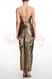 Amisha Metallic Pleated Shell Cups Hollow Gold Pendant Strapless Drape Slit Maxi Dress