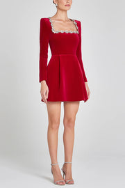 Endless Celebration Velvet Jewel Embellished Trim Long Sleeve Pocketed Mini Dress