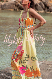 Resort Style Unique Print Sexy Square Neck Backless Waist Maxi Dress