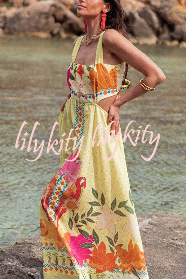 Resort Style Unique Print Sexy Square Neck Backless Waist Maxi Dress