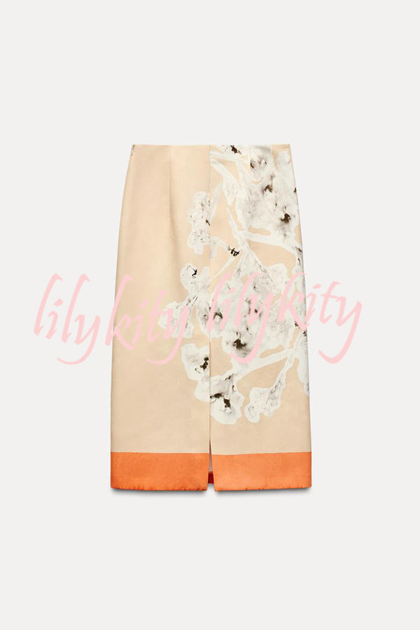 Avani Linen Blend Flower Print High Rise Pencil Slit Midi Skirt