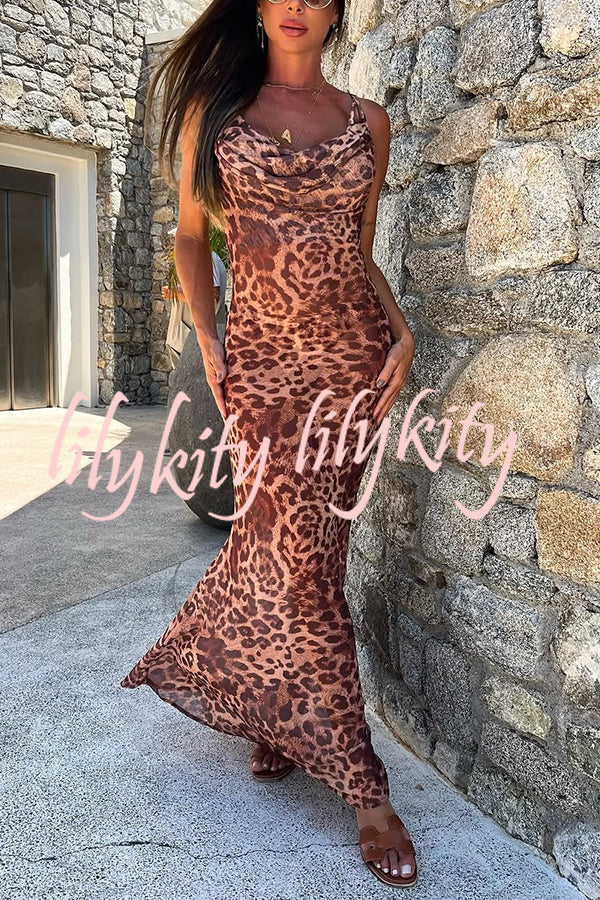 Leopard Print Sexy Strap Holiday Cover Up Maxi Dress