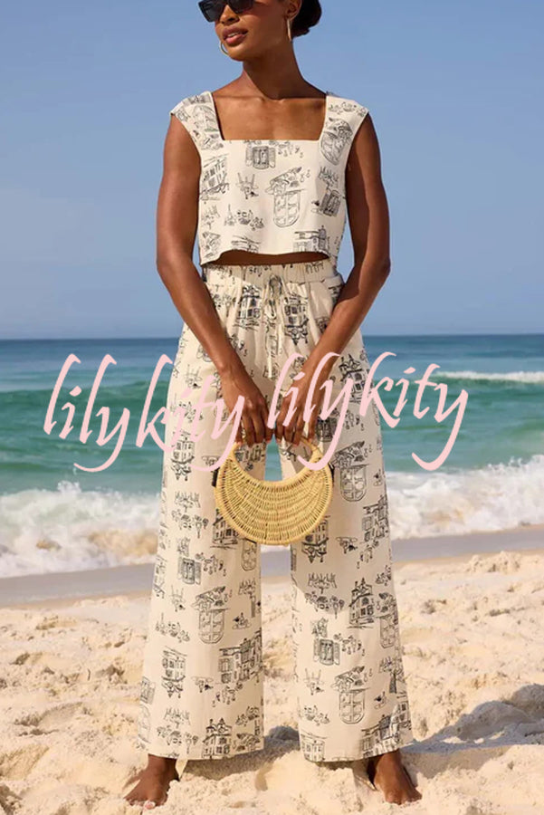 Maeve Linen Blend Unique Print Square Neck Tank and Elastic Waist Pocket Loose Pants Set