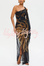 Unique Print Sexy One Shoulder Slim High Slit Maxi Dress