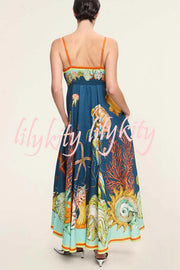 Linen Blend Unique Print Suspenders Back Pleated Pocket Resort Style Maxi Dress