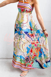 Satin Resort Print Sling Back Pleated Maxi Dress