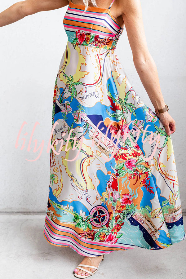 Satin Resort Print Sling Back Pleated Maxi Dress