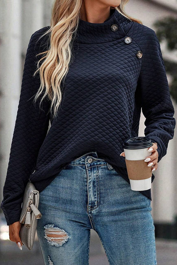 Solid Color Plaid Turtleneck Button Casual Sweatshirt