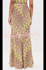 Moonlit Waltz Knit Jacquard Zigzag Print High Rise Stretch Flare Maxi Skirt