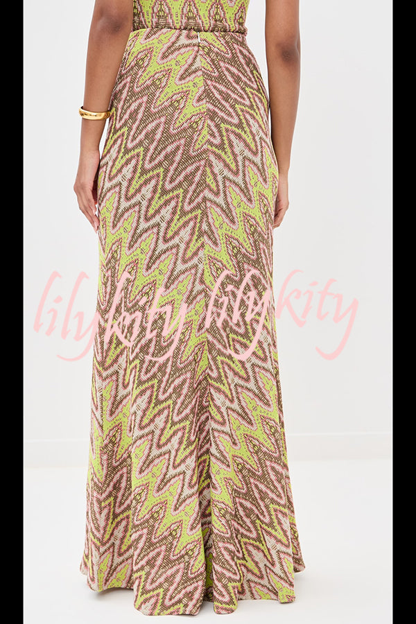Moonlit Waltz Knit Jacquard Zigzag Print High Rise Stretch Flare Maxi Skirt