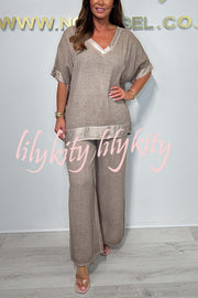 Fashionable V-neck Short-sleeved Loose Top and Elastic Waist Casual Wide-leg Pants Set