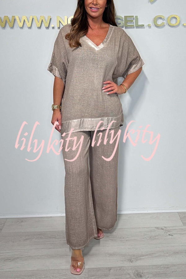 Fashionable V-neck Short-sleeved Loose Top and Elastic Waist Casual Wide-leg Pants Set