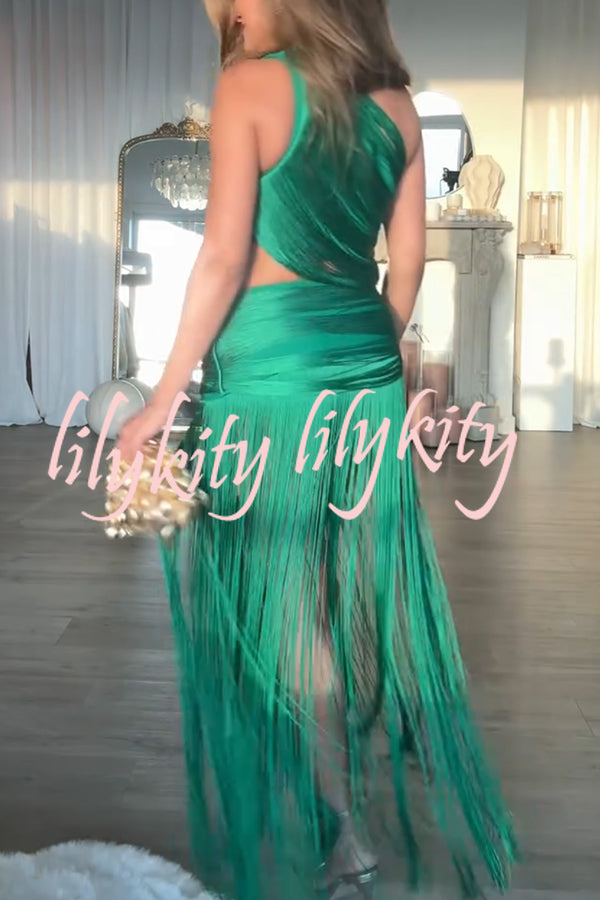 Dancing Miracle One Shoulder High Waist Hollow Design Tassel Hem Drape Mini Dress