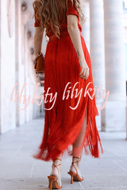 Elegant Tassel Hem Elastic Waist Casual Maxi Skirt