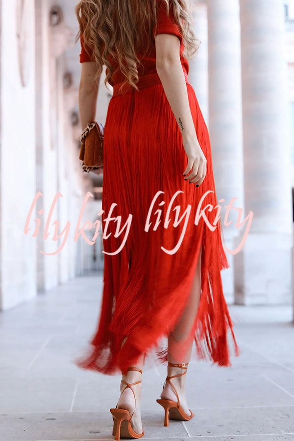 Elegant Tassel Hem Elastic Waist Casual Maxi Skirt