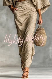 Linen Blend Batwing Sleeve Loose Top and Casual Pocket Maxi Skirt Set