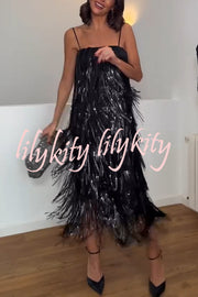 Chic Celebration Layered Sequined Tassels Slip Strapless H-line Midi Dress
