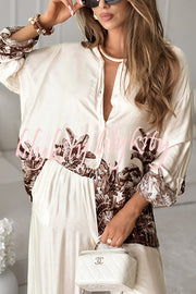 Botanical Print Loose Long-sleeved Shirt and Elastic Waist Pocket Casual Wide-leg Pants