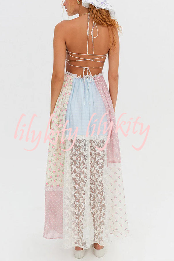 Floral Lace Sexy Halterneck Backless Patchwork Maxi Dress