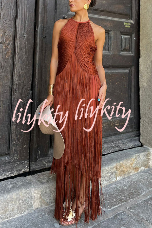 Fashion Sleeveless Halter Neck Elegant Tassel Slim Maxi Dress