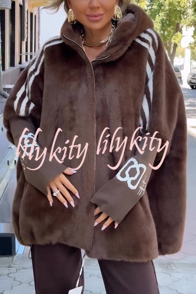 Fashion Sports Stripe Print and Ribbed Embroidered Long Sleeve Zipper Hooded Plush Coat