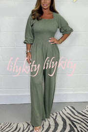 Casual and Comfortable Smocked Solid Color Wide Leg Jumpsuit