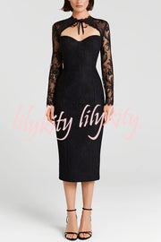 Mylene Lace Corset Cut Sweetheart Tie-up Neck Sheer Long Sleeve Slit Midi Dress