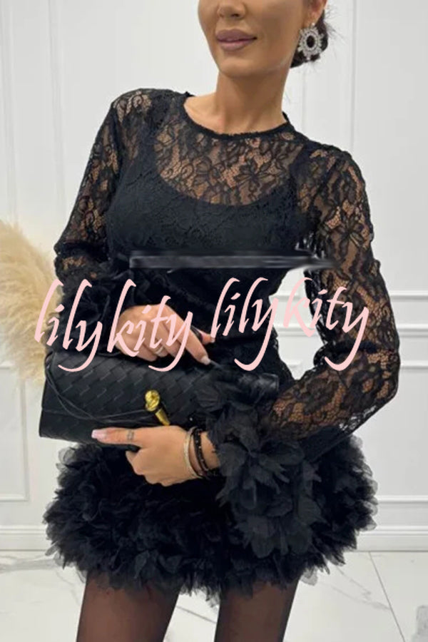 Alyssa Lace Fabric Tulle Layered Petals Trim Long Sleeve Mini Dress