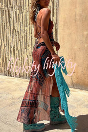 Gypsy Style Unique Print Cowl Neck Back Lace-up Slit Midi Dress