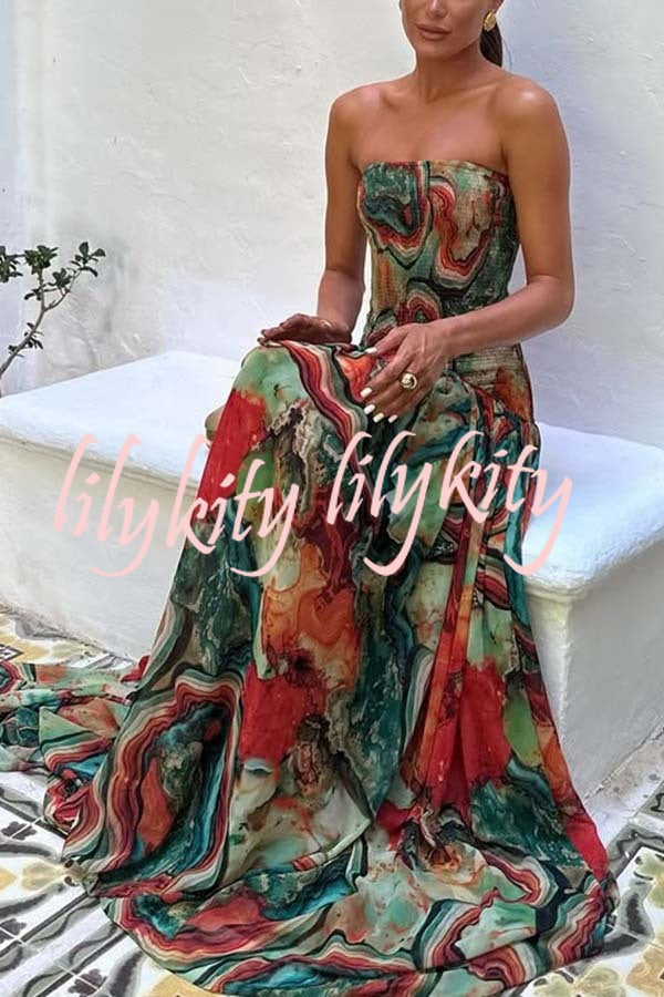 Vacay Vibes Colorful Lava Print Off Shoulder Smocked Scarf Maxi Dress