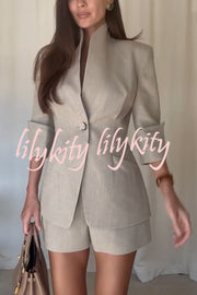 Devora Linen Blend Stand Lapel Neck Half Sleeve Button Pocket Blazer and High Rise Shorts Set