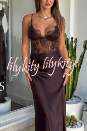 Elegant Evening Satin Lace Patchwork See-through Waist Slip Maxi Dress