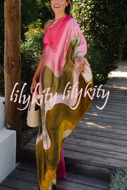 Summertime Favorites Satin Tie Dye Print One Shoulder Drape Vacation Maxi Dress