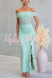 Sexy Mesh Off-shoulder Slim Fit Ruffled Slit Maxi Dress
