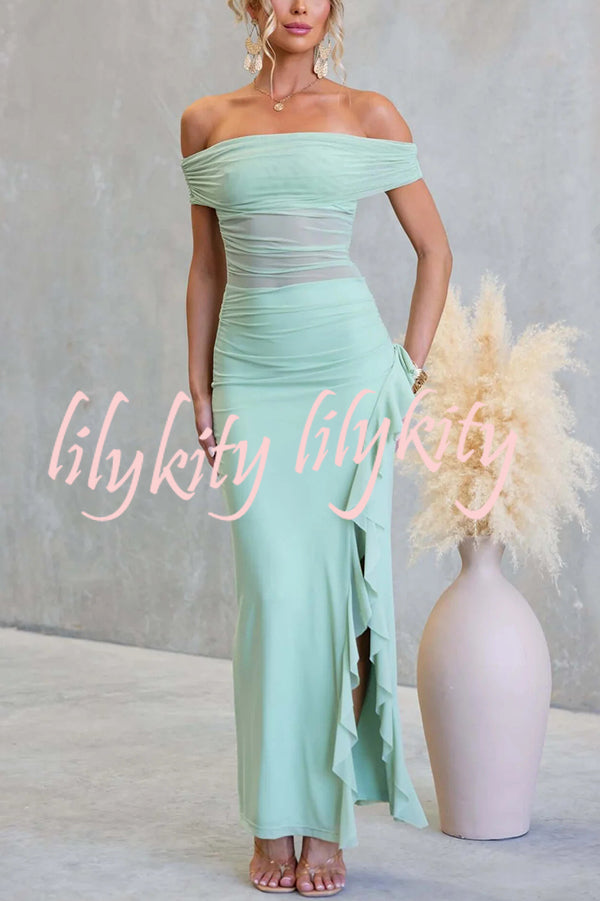 Sexy Mesh Off-shoulder Slim Fit Ruffled Slit Maxi Dress