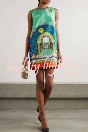 Natural Beauty Satin Unique Print Sleeveless H-line Mini Dress