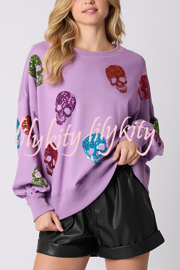 Halloween Skull Sequin Loose Casual Sweatshirt