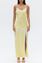 Sweet Trend Satin Lace Trim V-neck Slit Slip Maxi Dress