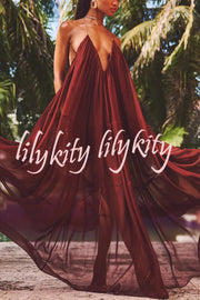 Flowing Lightweight Chiffon Chain Halter Neck Detail Backless A-line Maxi Dress