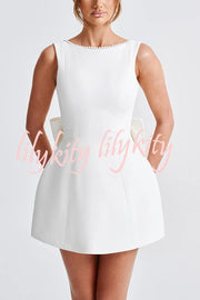 Stylish Pearl-embellished Large Bow Slim-fit Mini Dress