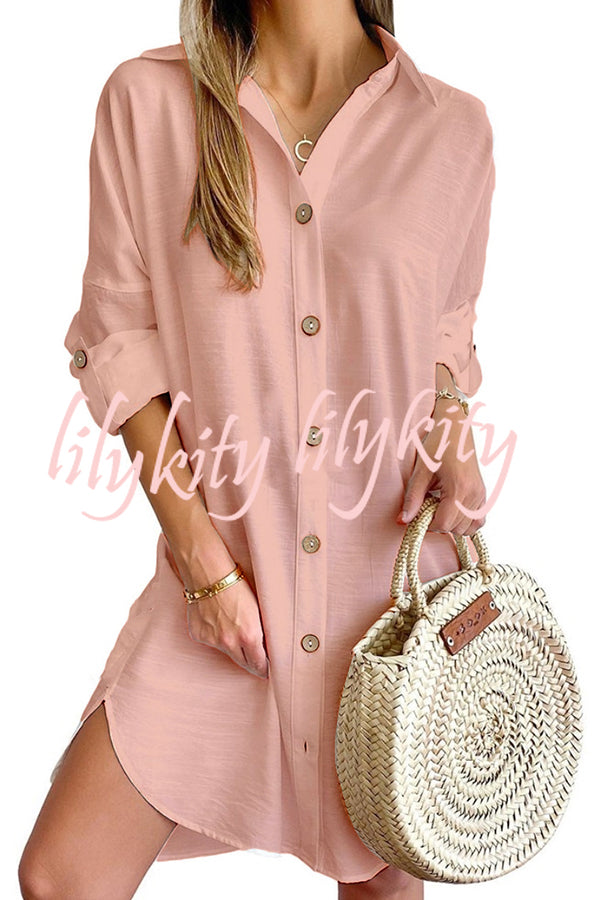 Solid Color Casual Button-Down Shirt Style Mini Dress