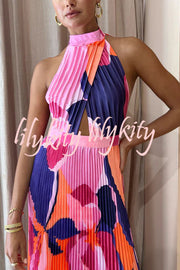 Romantic One Capri Print Halter Neck Pleated Maxi Dress