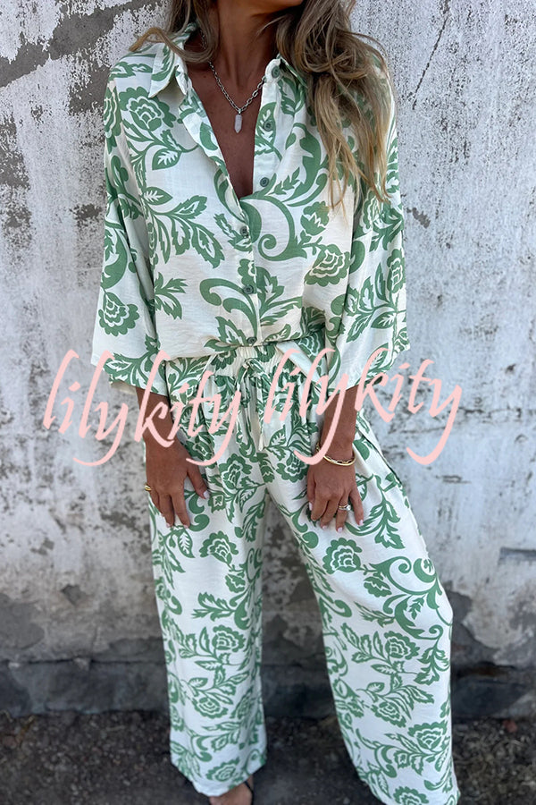 Linen Blend Unique Print Long Sleeve Loose Shirt and Elastic Waist Tie Pocket Pants Set