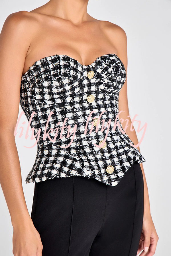 Maya Check Bouclé-tweed Fabric Sweetheart Neck Gold Button Strapless Tank